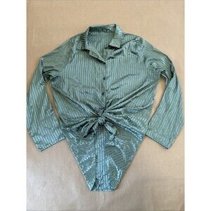 Sage Green Satin Striped Button Up Blouse Tie Front Top No Tags Preppy